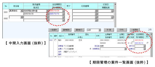 【中間入力画面(抜粋)】【期限管理の案件一覧画面】